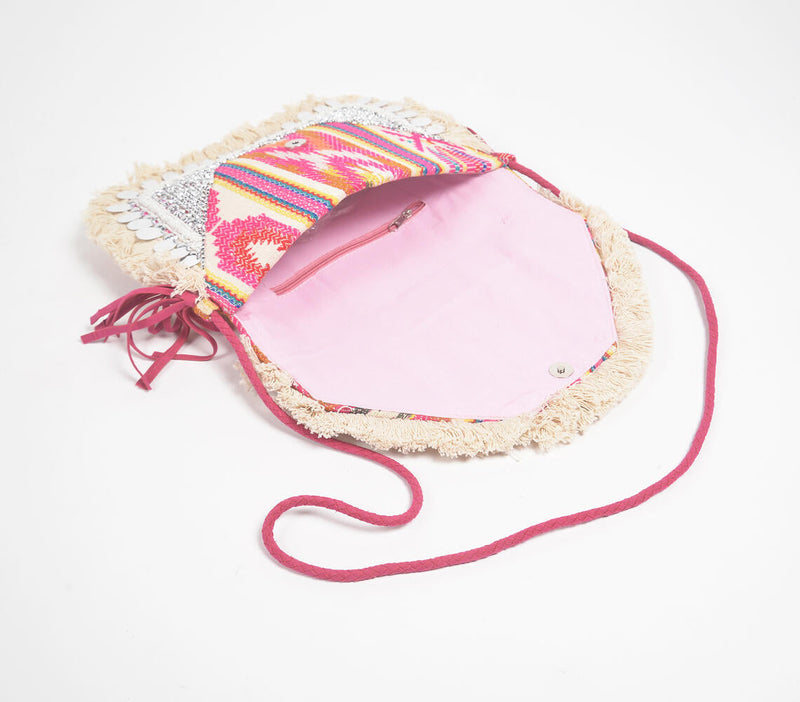 Sequin Embellished Fringed & Tasseled Sling Bag
