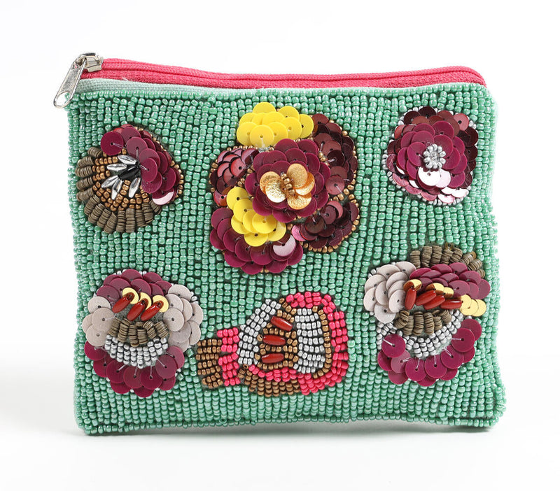 Floral Sequins & Beads Green Pouch