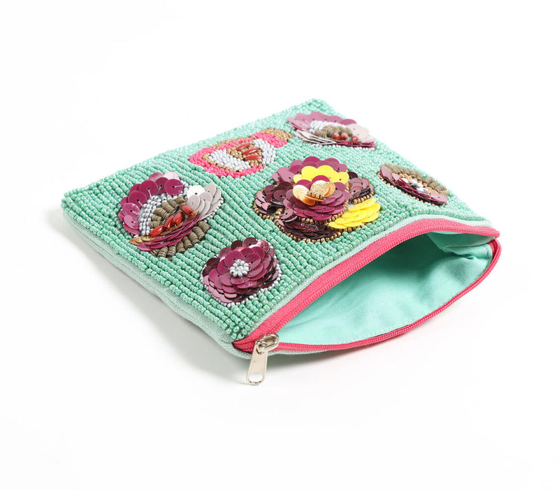 Floral Sequins & Beads Green Pouch