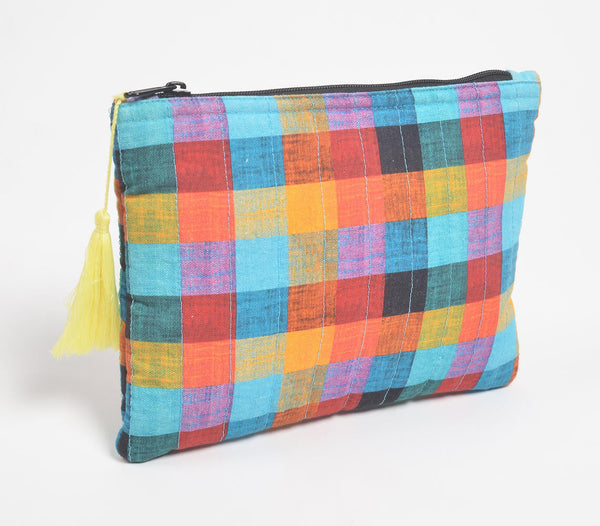 Stripe-Quilted Madras Checks Pouch