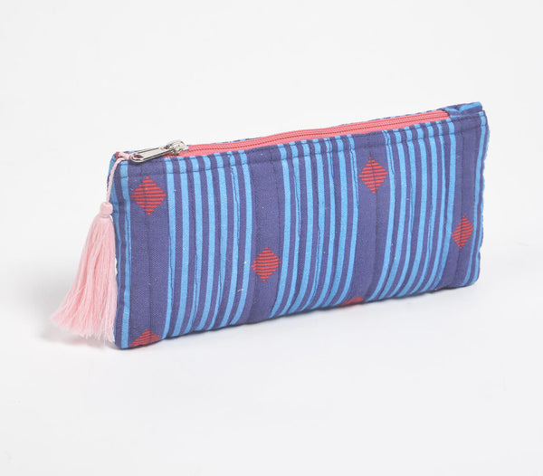 Stripe-Quilted Blue Geometric Pouch