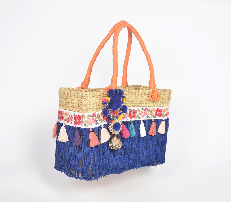 Tasseled Basket Woven Cane Indigo Handbag