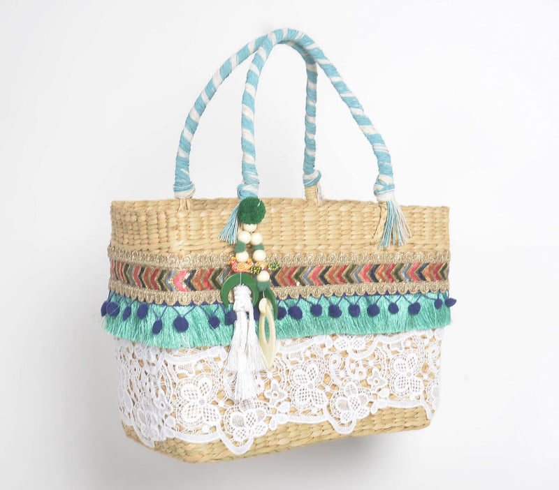 Lace Work Basket Woven Cane Turquoise Handbag
