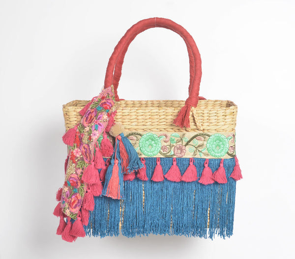 Cerulean Fringed Basket Woven Cane Tasseled Bag