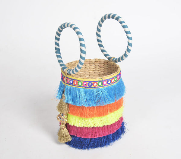 Rainbow Fringed Basket Woven Cane Bucket Bag