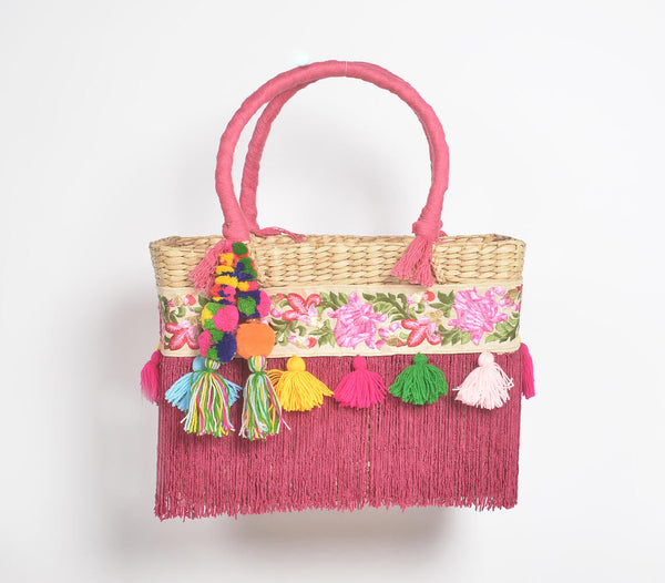 Fuschia Fringed Basket Woven Cane Tasseled Handbag