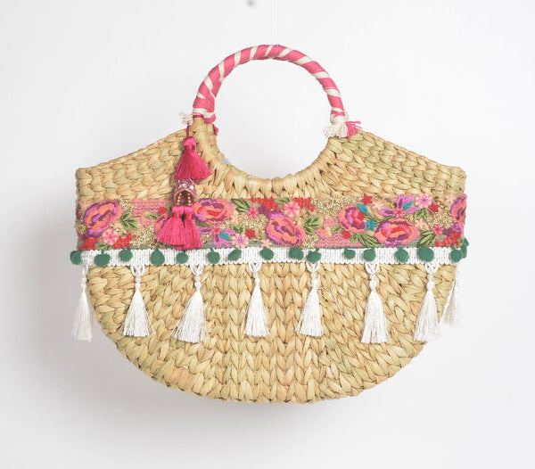Floral Basket Woven Cane Moon Handbag