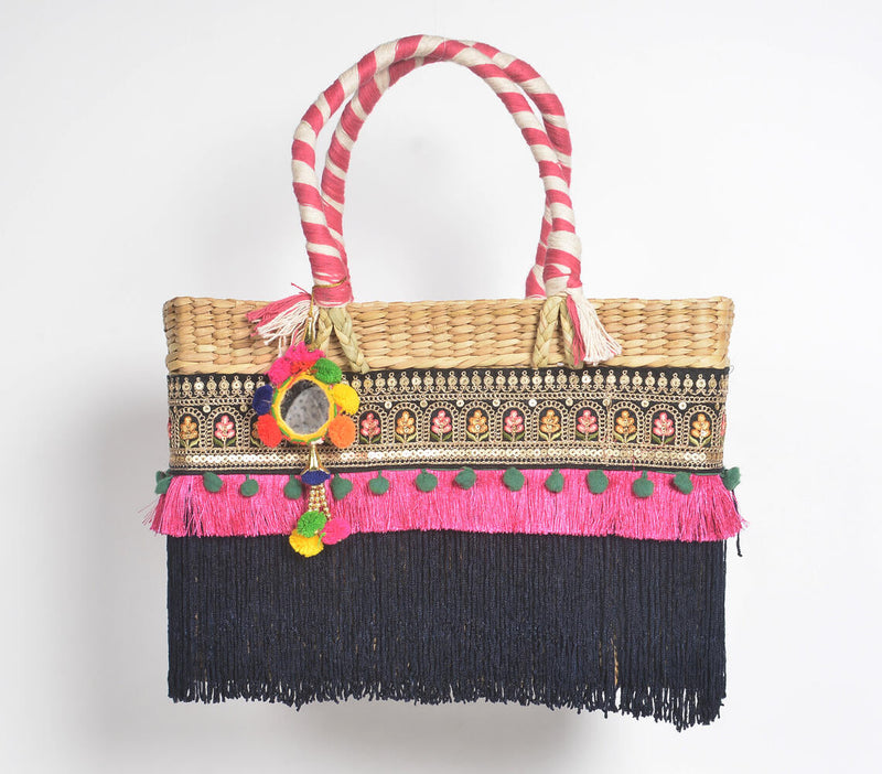Fringed Black & Hot Pink Basket Woven Cane Handbag