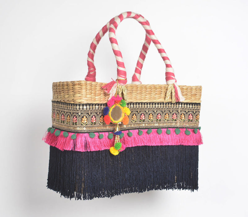 Fringed Black & Hot Pink Basket Woven Cane Handbag