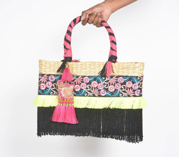 Fringed Floral Basket Woven Cane Black Handbag
