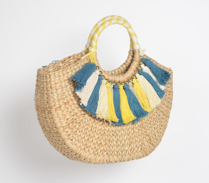 Tasseled Basket Woven Cane Moon Handbag