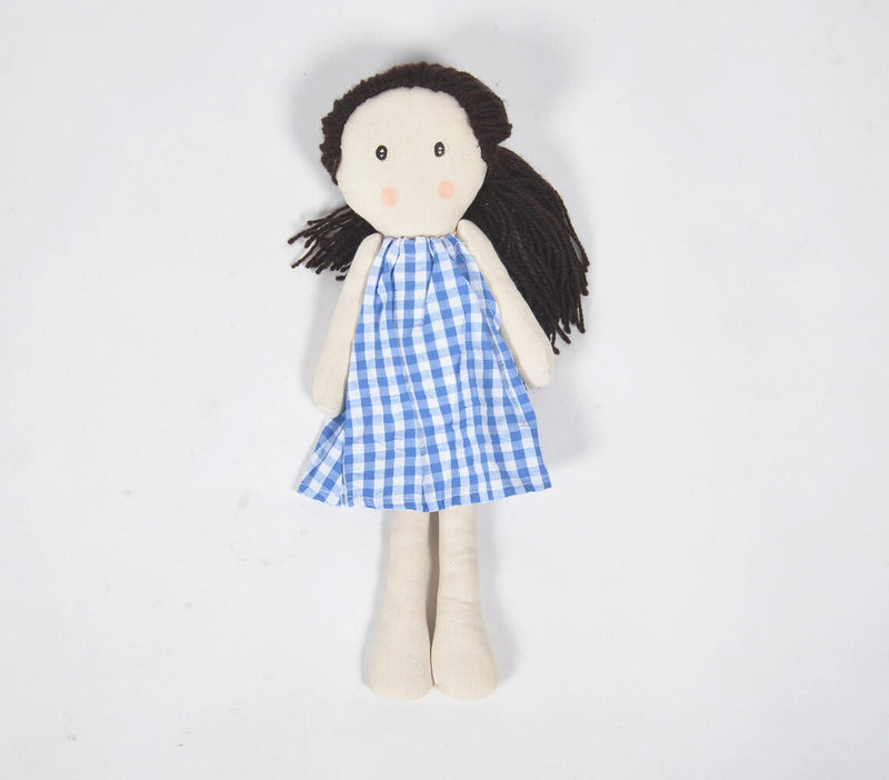 Handmade black-haired plush rag doll