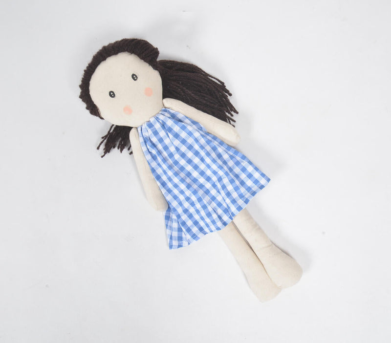 Handmade black-haired plush rag doll