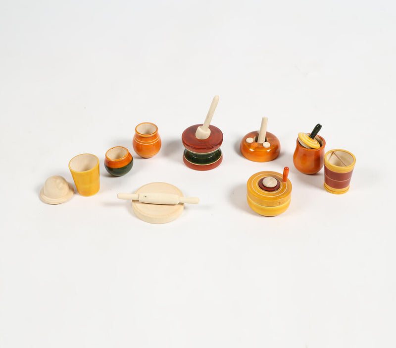 Turned & Lacquered Acacia Wood Toy Cooking Set for Kids
