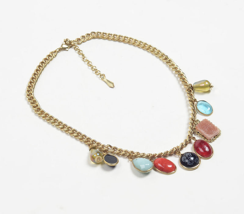 Gold-Toned Iron & Glass Stones Necklace with Extension Chain Q