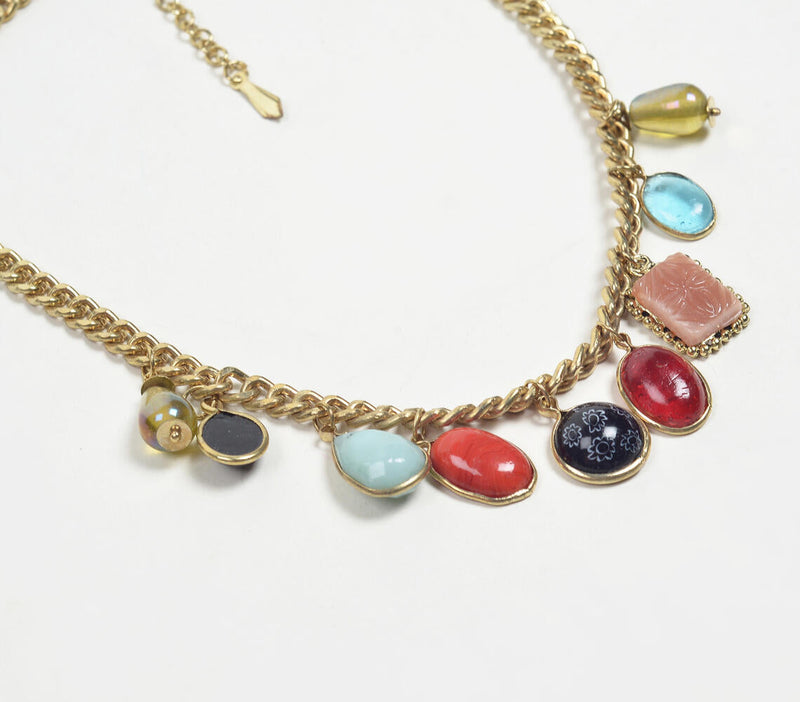 Gold-Toned Iron & Glass Stones Necklace with Extension Chain Q