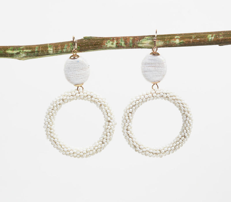 Beads & Thread Wrapped Iron White Dangle Earrings