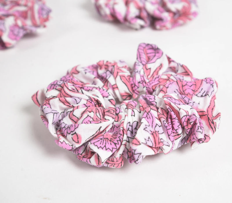 Pastel Rose-lilac Block printed Scrunchie hair ties (set of 3)