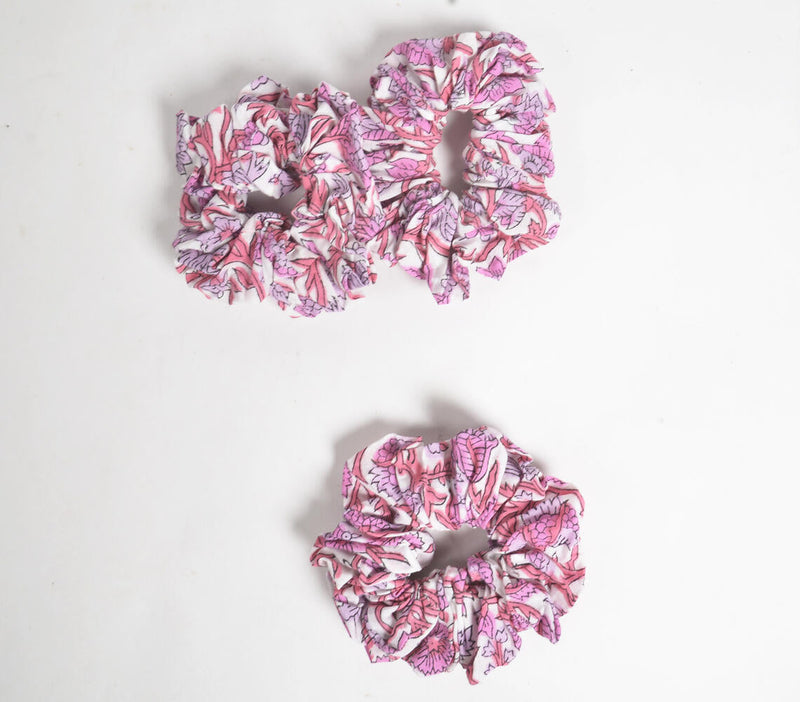 Pastel Rose-lilac Block printed Scrunchie hair ties (set of 3)