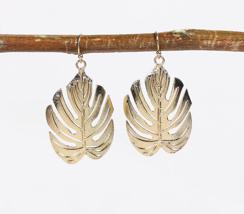 Gold-Toned Recycled Brass Leaf Dangle Earrings