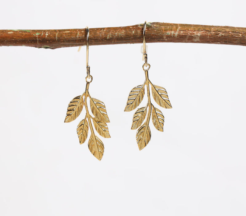 Gold-Toned Recycled Brass Leaf Branch Dangle Earrings
