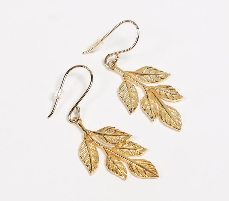 Gold-Toned Recycled Brass Leaf Branch Dangle Earrings
