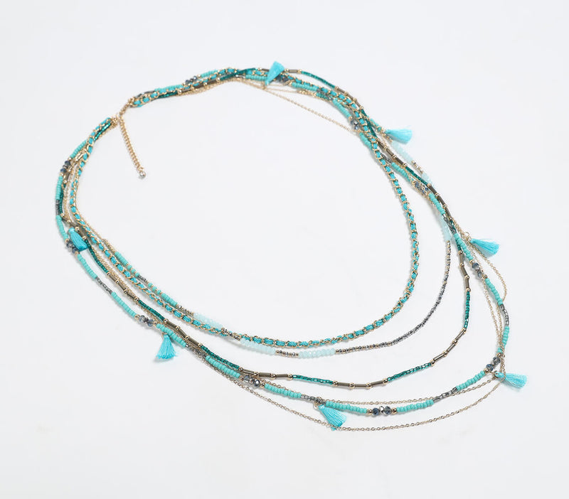 Glass Crystal Beads & Tassel Layered Necklace