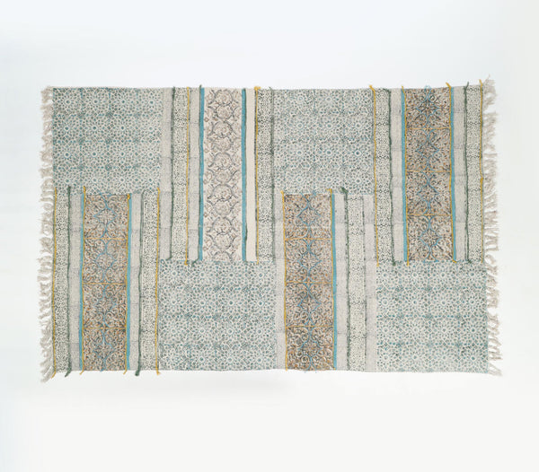 Hand Embroidered & Block Printed Cotton Maximal Fringed Rug