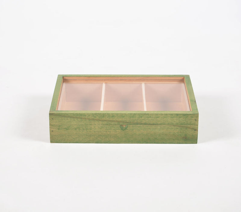 Hand Cut Steam Beech Wood Green Jewelry Box - 3 Compartments