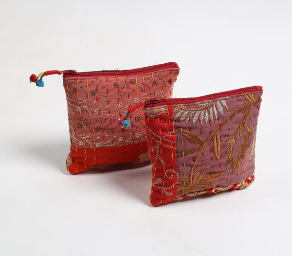Upcycled Fabric Patchwork Pouches with Kantha Embroidery (set of 2)_1
