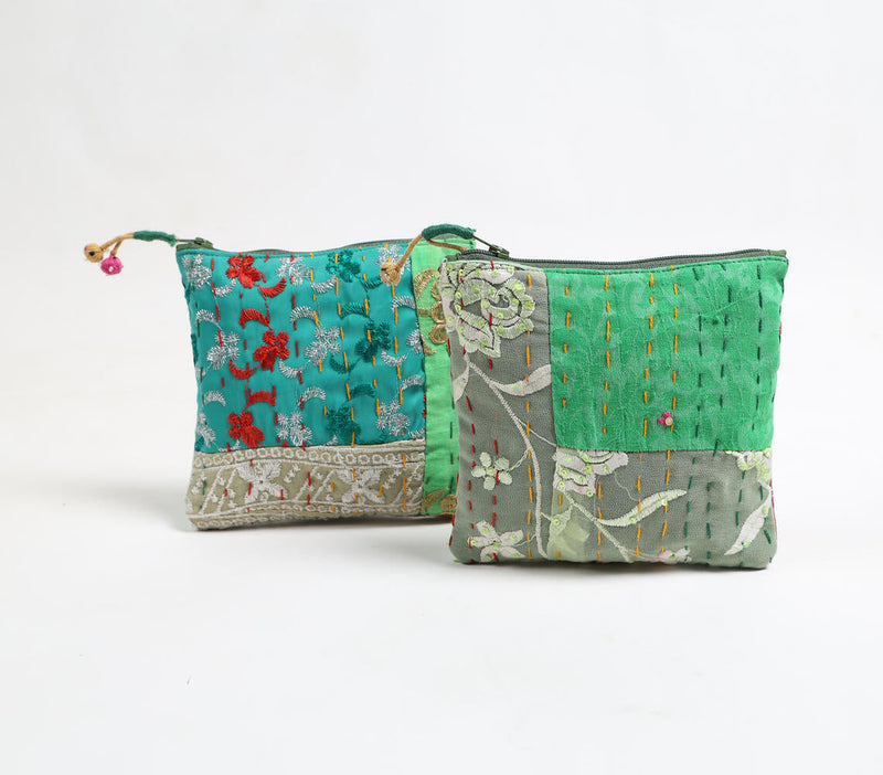 Upcycled Fabric Patchwork Pouches with Kantha Embroidery (set of 2)_2