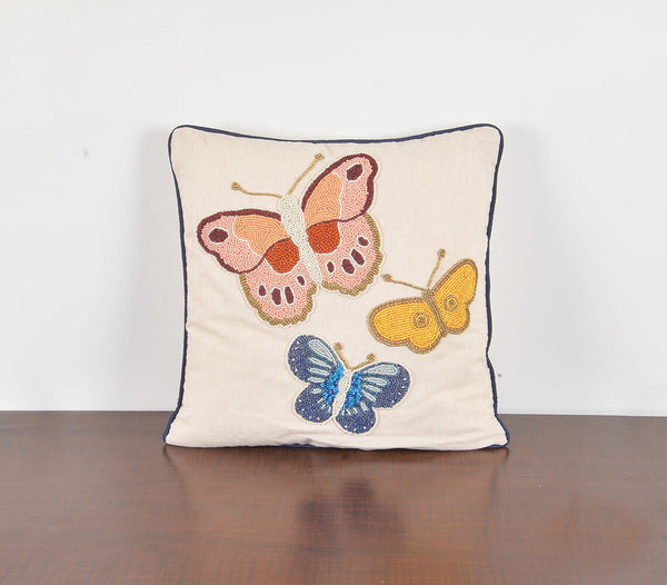 Hand Stitched Beaded Cushion Cover with Butterfly Embroidery work