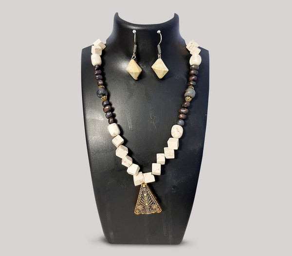 Multicolor Agate and Acrylic Beaded Necklace and Earrings with Antique Charms